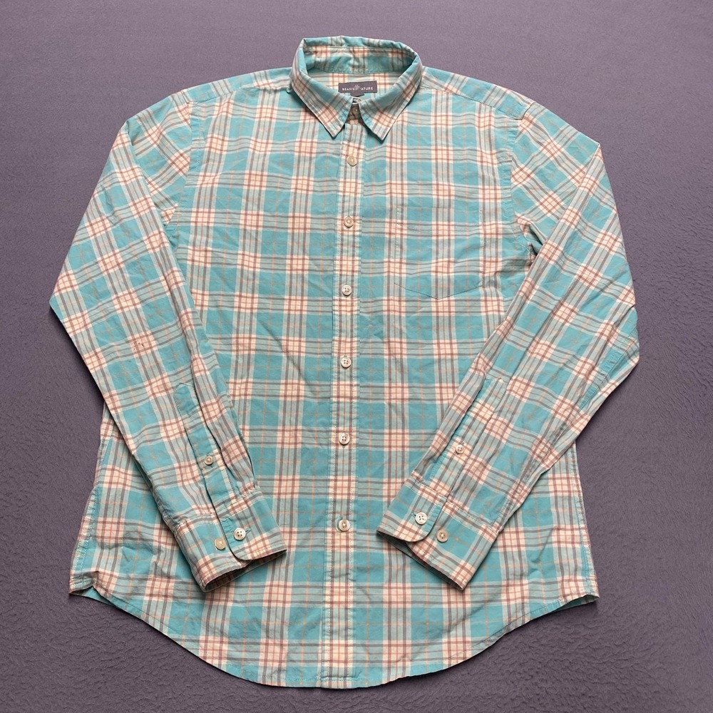 LL Bean Signature Shirt Mens Small Green Plaid Long Sleeve Button Down Cotton‎